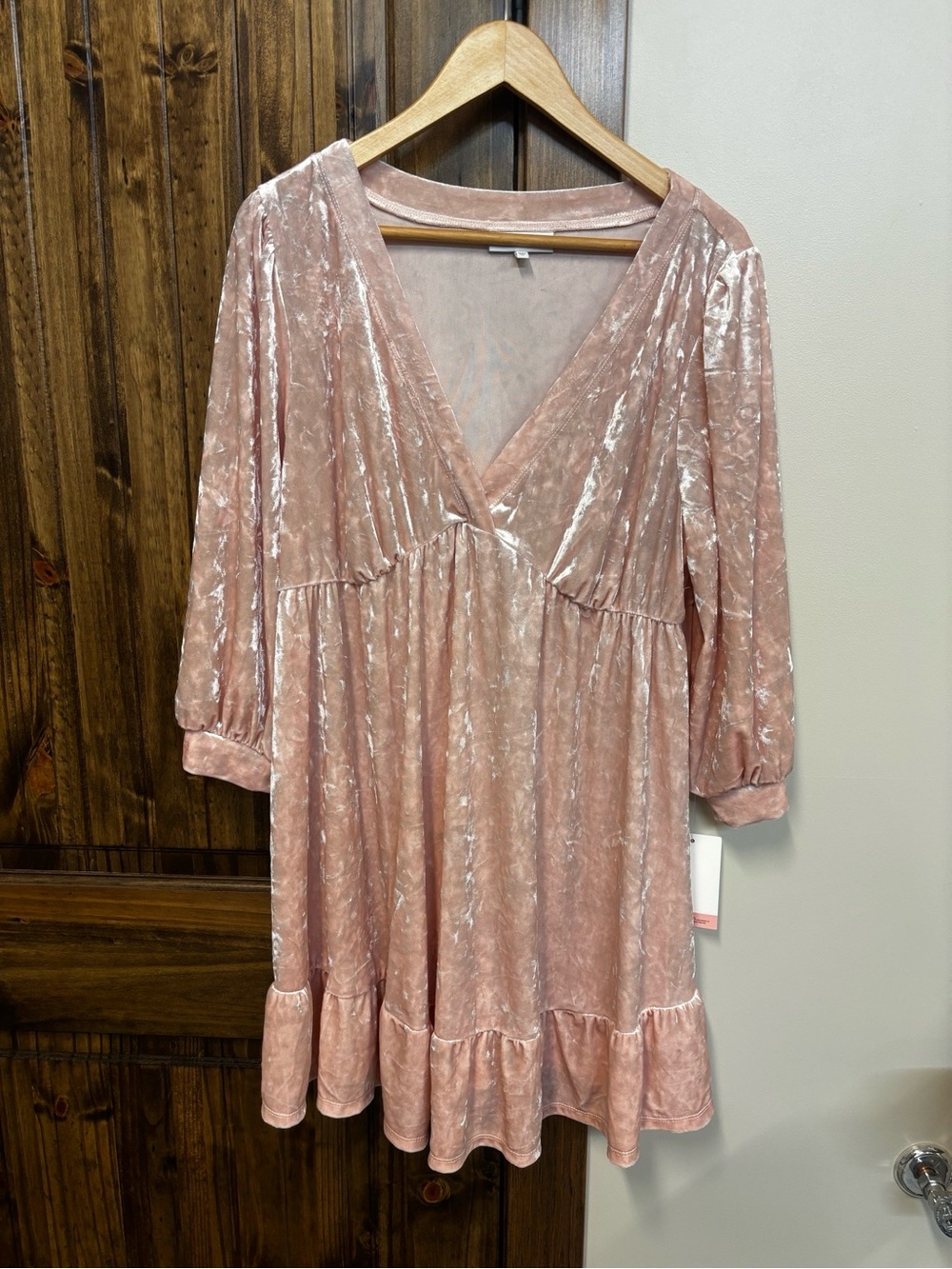 Motherhood Velvet V-Neck Ruffle Dress in Blush Pink